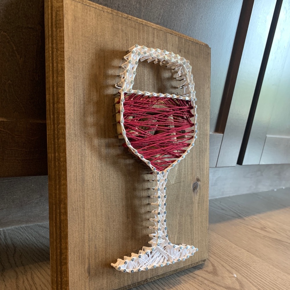 Wine glass string nail art used with real wine corks, handmade, 8” by 11”
